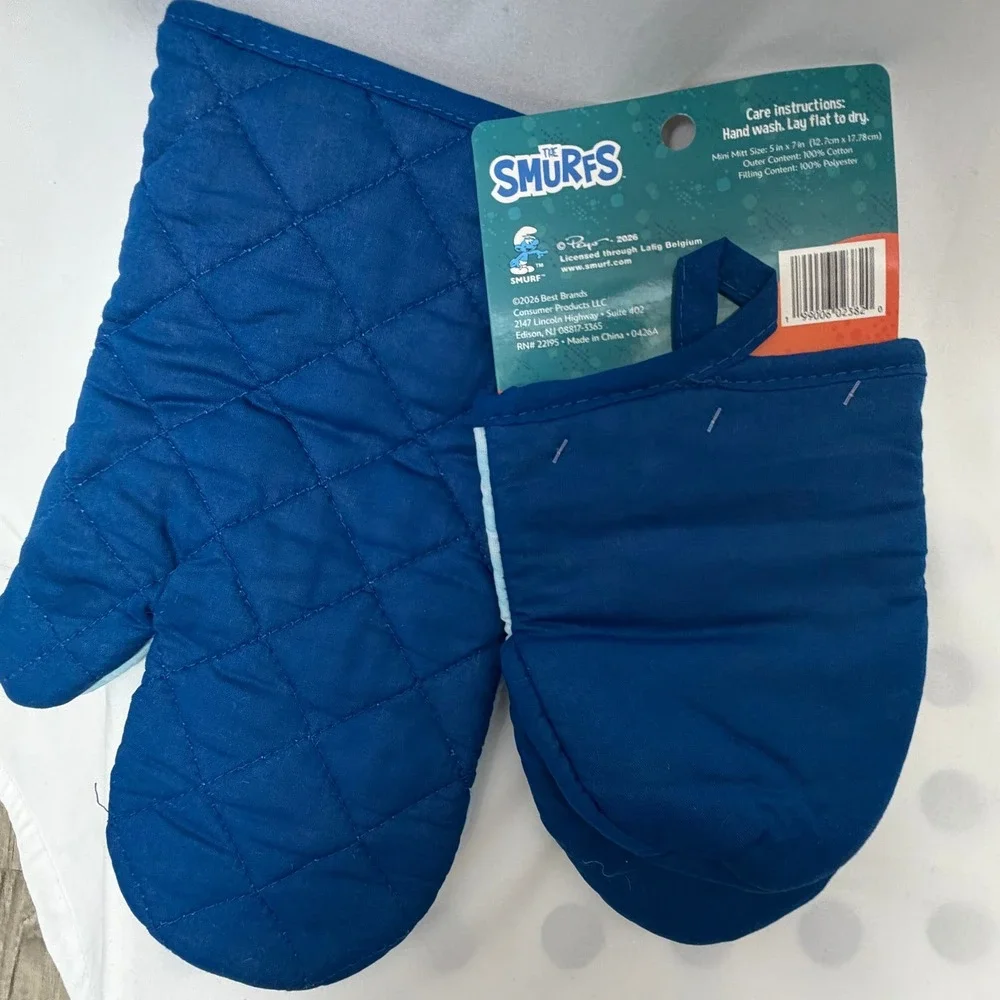 The Smurfs Oven Mitt and Mini Mitt Set Blue Cotton Kitchen Linens NWT